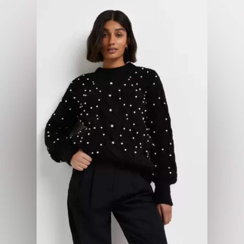 River Island Black Pearl Embellished Cable Knit Pullover Sweater US 6 / UK 10